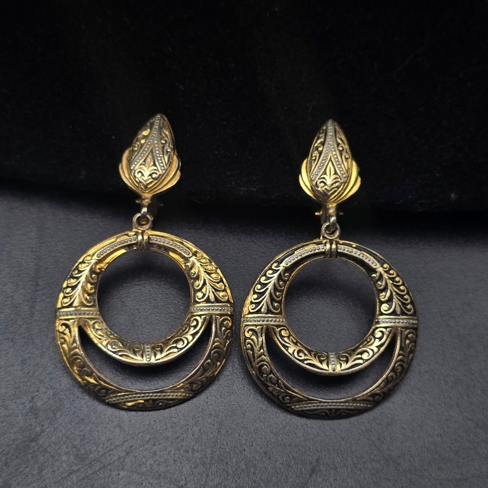 Damascene Black Gold Tone Clip On Earrings Loop Hoop Vintage Jewelry